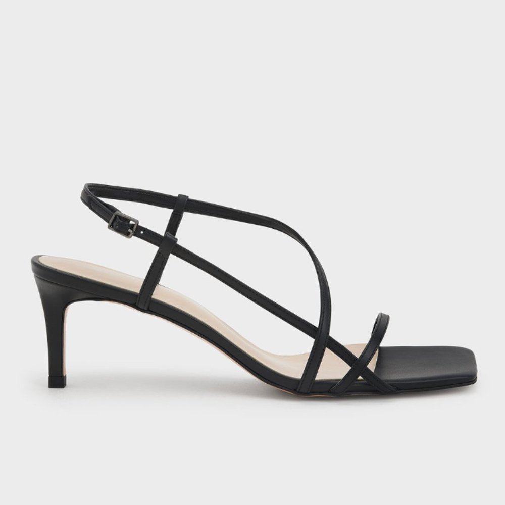 BRAND NEW // Charles & Keith // Black Asymmetric Strap Heeled Sandals // Size 5